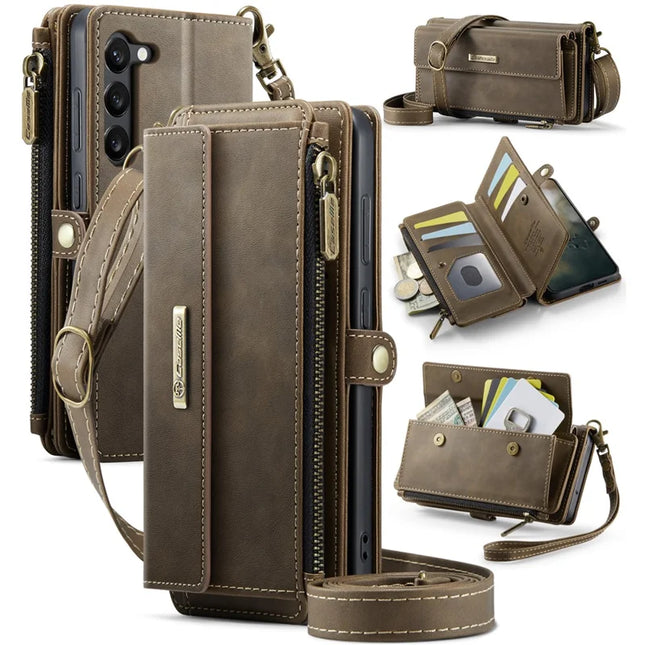 For Samsung Galaxy S23 Case CASEME C39 RFID Blocking Zipper Wallet Stand Leather Cover with Strap - Brown