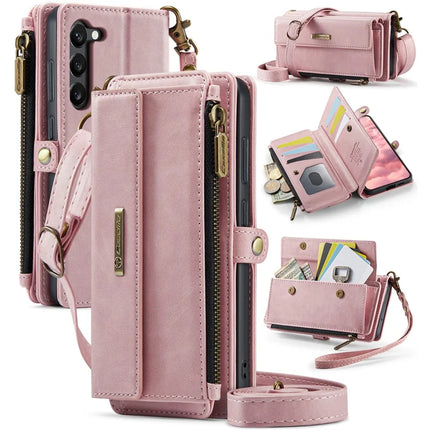 For Samsung Galaxy S23 Case CASEME C39 RFID Blocking Zipper Wallet Stand Leather Cover with Strap - Pink