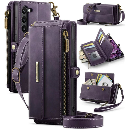 For Samsung Galaxy S23 Case CASEME C39 RFID Blocking Zipper Wallet Stand Leather Cover with Strap - Purple