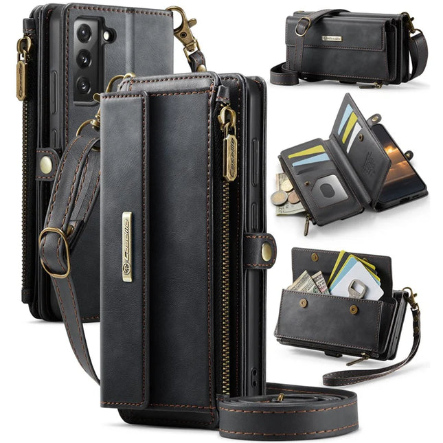 For Samsung Galaxy S22 5G Case CASEME C39 RFID Blocking Zipper Wallet Stand Leather Cover with Strap - Black