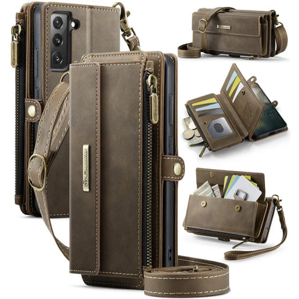 For Samsung Galaxy S22 5G Case CASEME C39 RFID Blocking Zipper Wallet Stand Leather Cover with Strap - Brown