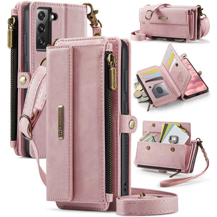 For Samsung Galaxy S22 5G Case CASEME C39 RFID Blocking Zipper Wallet Stand Leather Cover with Strap - Pink