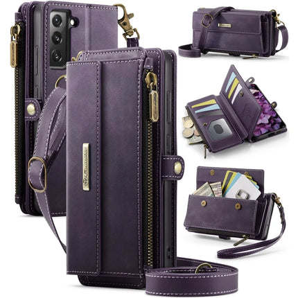 For Samsung Galaxy S22 5G Case CASEME C39 RFID Blocking Zipper Wallet Stand Leather Cover with Strap - Purple