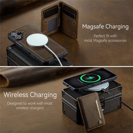 For iPhone 16 Case AUTSPACE A13 Vintage Leather Back Cover with Magnetic Detachable Card Bag
