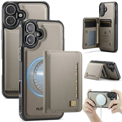 For iPhone 16 Case AUTSPACE A13 Vintage Leather Back Cover with Magnetic Detachable Card Bag - Grey