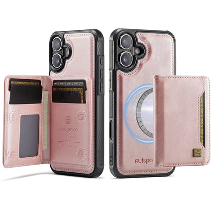 For iPhone 16 Case AUTSPACE A13 Vintage Leather Back Cover with Magnetic Detachable Card Bag