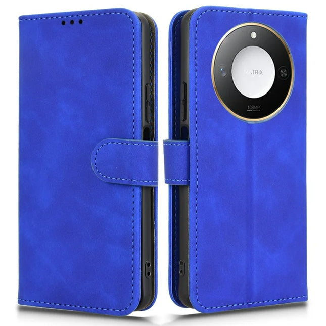 For Honor X60 5G Leather Case Skin-Feel Anti-Drop Wallet Flip Phone Cover - Blue