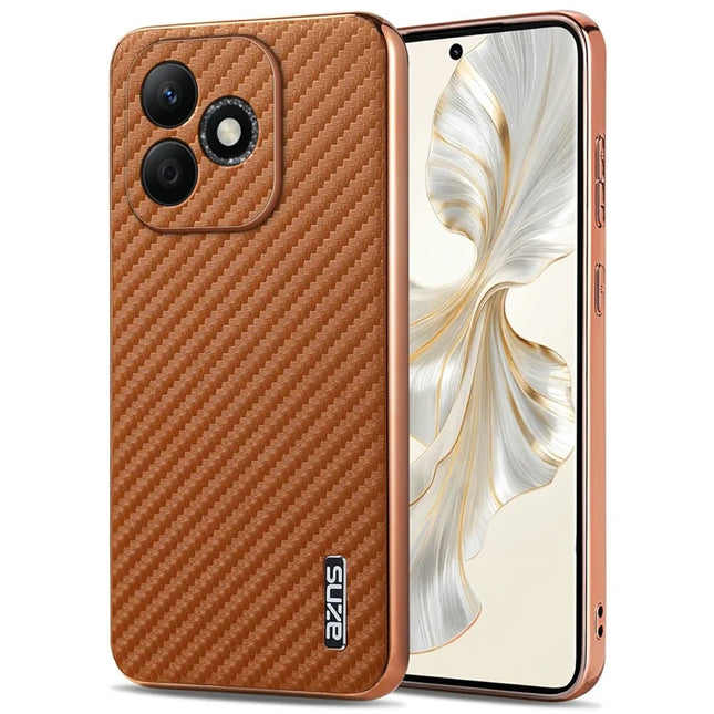 AZNS For Honor X60i 5G Case Electroplating Carbon Fiber Texture PU+TPU Phone Cover - Brown