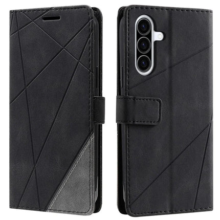 For Samsung Galaxy A26 5G Case Imprinted Lines PU Leather Splicing Wallet Phone Cover - Black