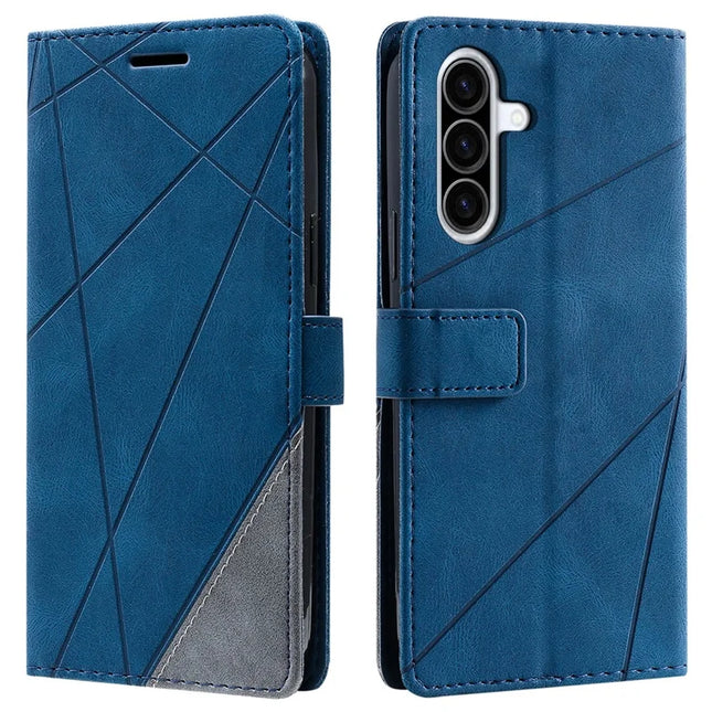 For Samsung Galaxy A36 5G Case Imprinted Lines PU Leather Splicing Wallet Phone Cover - Blue