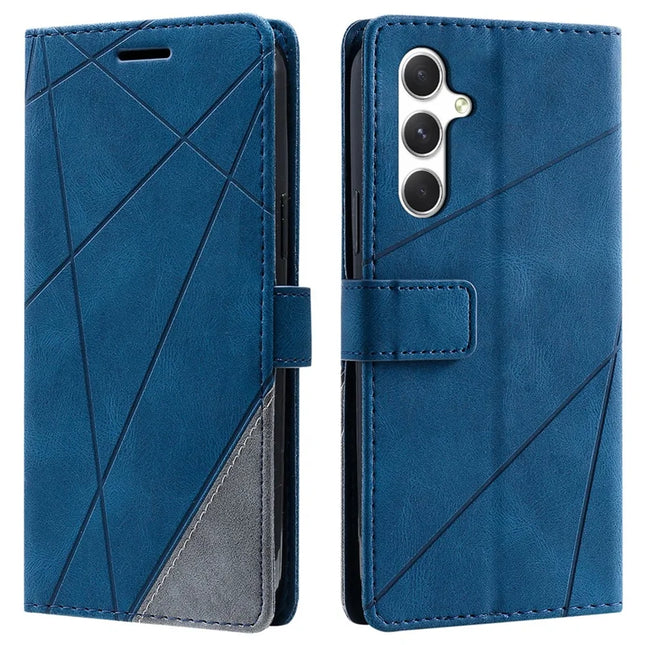 For Samsung Galaxy A56 5G Case Imprinted Lines PU Leather Splicing Wallet Phone Cover - Blue