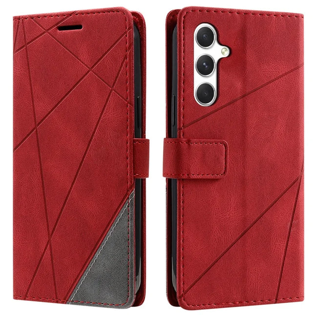 For Samsung Galaxy A56 5G Case Imprinted Lines PU Leather Splicing Wallet Phone Cover - Red