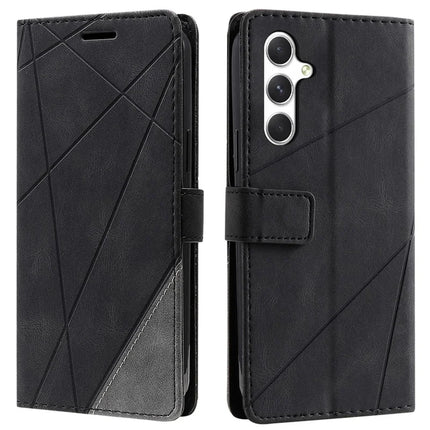 For Samsung Galaxy A56 5G Case Imprinted Lines PU Leather Splicing Wallet Phone Cover - Black