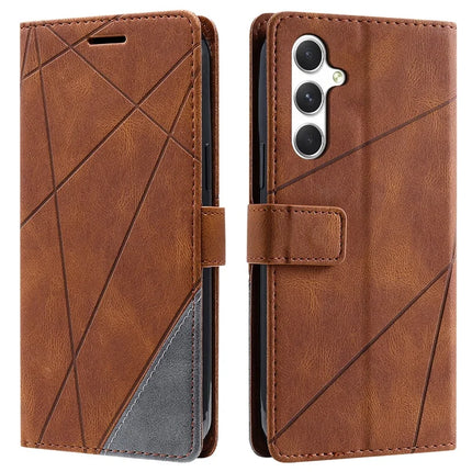 For Samsung Galaxy A56 5G Case Imprinted Lines PU Leather Splicing Wallet Phone Cover - Brown
