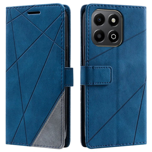 For Honor X6a 4G / X6b 4G Case Imprinted Lines PU Leather Splicing Wallet Phone Cover - Blue