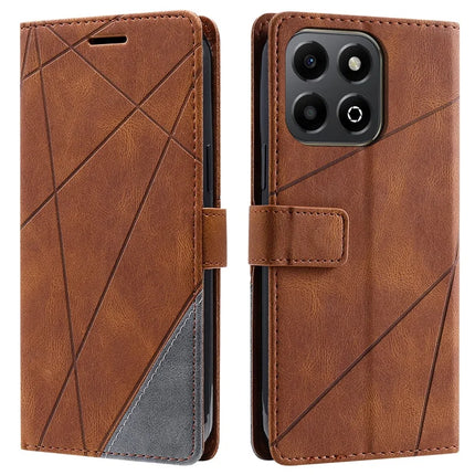 For Honor X6a 4G / X6b 4G Case Imprinted Lines PU Leather Splicing Wallet Phone Cover - Brown