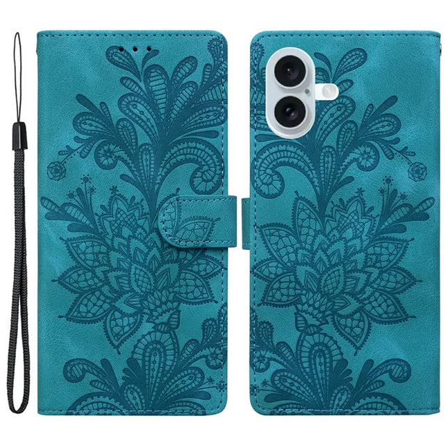 For iPhone 16 Plus Case Imprinted Lace Flowers PU Leather Wallet Phone Cover - Green