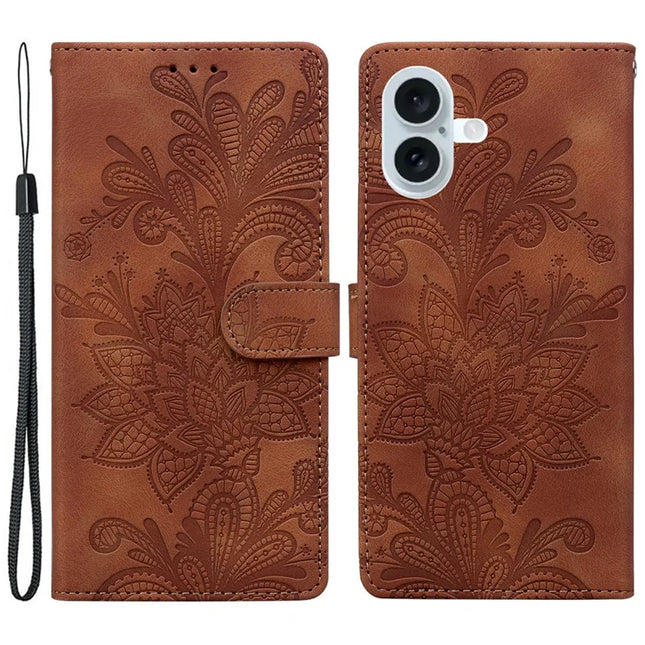 For iPhone 16 Plus Case Imprinted Lace Flowers PU Leather Wallet Phone Cover - Brown