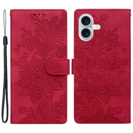 For iPhone 16 Plus Case Imprinted Lace Flowers PU Leather Wallet Phone Cover - Red