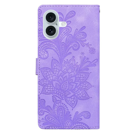 For iPhone 16 Plus Case Imprinted Lace Flowers PU Leather Wallet Phone Cover