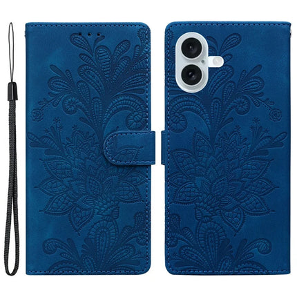 For iPhone 16 Plus Case Imprinted Lace Flowers PU Leather Wallet Phone Cover - Dark Blue