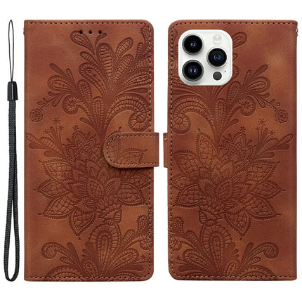 For iPhone 16 Pro Case Imprinted Lace Flowers PU Leather Wallet Phone Cover - Brown