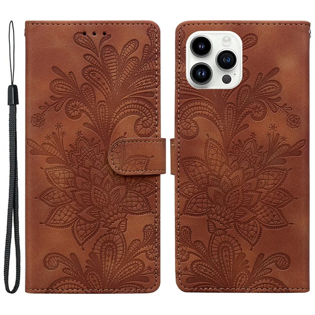 For iPhone 16 Pro Case Imprinted Lace Flowers PU Leather Wallet Phone Cover - Brown