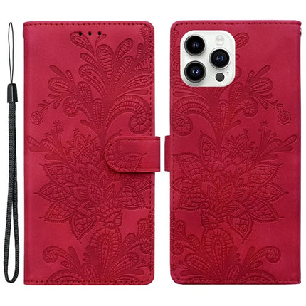 For iPhone 16 Pro Case Imprinted Lace Flowers PU Leather Wallet Phone Cover - Red