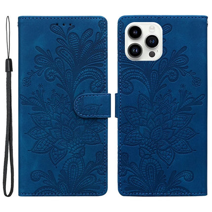 For iPhone 16 Pro Case Imprinted Lace Flowers PU Leather Wallet Phone Cover - Dark Blue