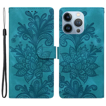 For iPhone 16 Pro Max Case Imprinted Lace Flowers PU Leather Wallet Phone Cover - Green