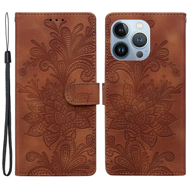 For iPhone 16 Pro Max Case Imprinted Lace Flowers PU Leather Wallet Phone Cover - Brown