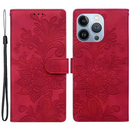 For iPhone 16 Pro Max Case Imprinted Lace Flowers PU Leather Wallet Phone Cover - Red