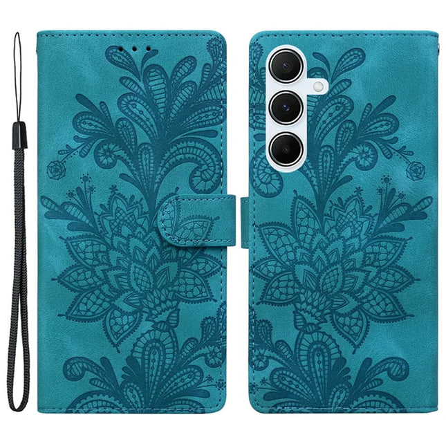 For Samsung Galaxy A35 5G Case Imprinted Lace Flowers PU Leather Wallet Phone Cover - Green
