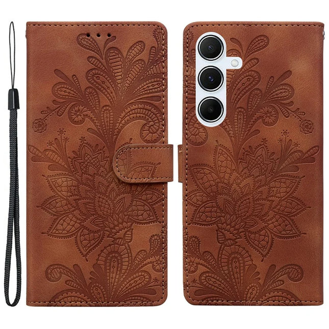 For Samsung Galaxy A35 5G Case Imprinted Lace Flowers PU Leather Wallet Phone Cover - Brown