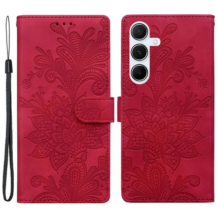 For Samsung Galaxy A55 5G Case Imprinted Lace Flowers PU Leather Wallet Phone Cover - Red