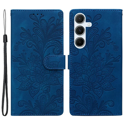 For Samsung Galaxy A55 5G Case Imprinted Lace Flowers PU Leather Wallet Phone Cover - Dark Blue