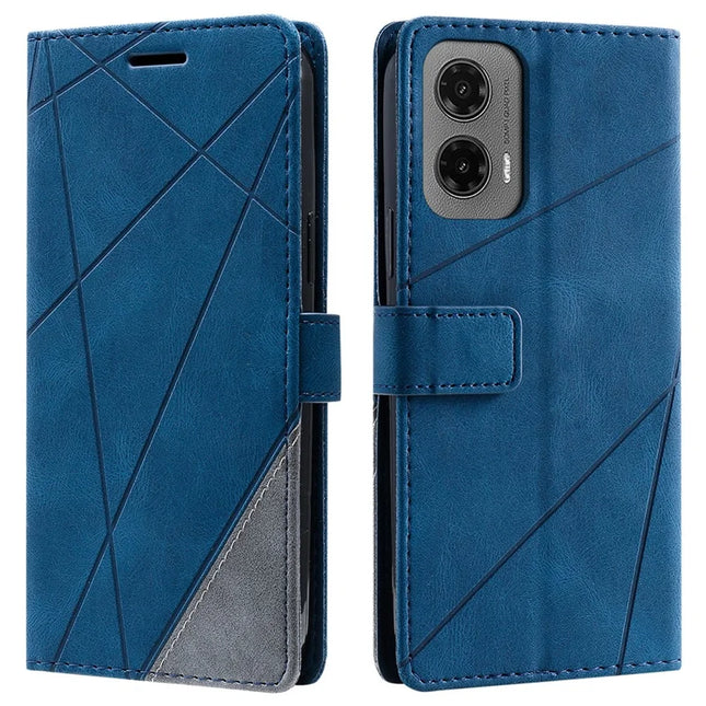 For Motorola Moto G35 5G Case Imprinted Lines PU Leather Splicing Wallet Phone Cover - Blue