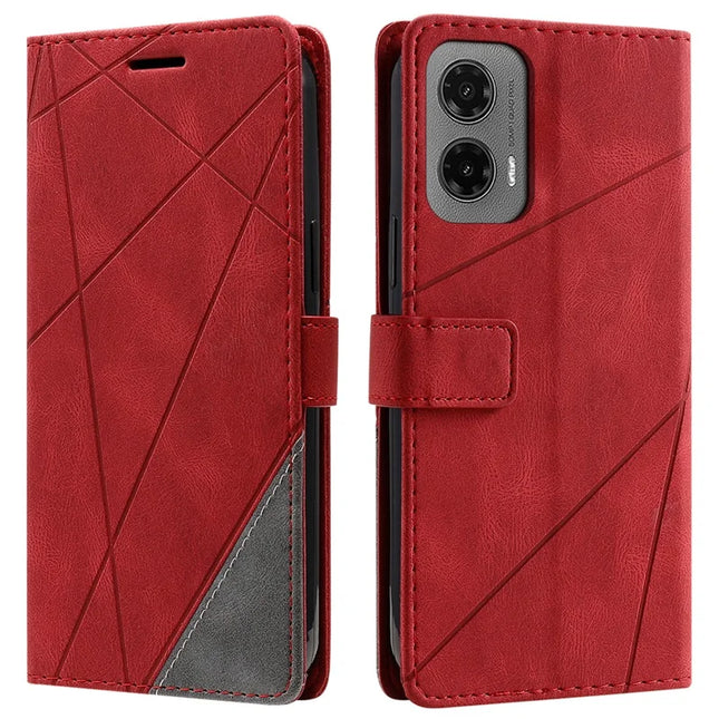 For Motorola Moto G35 5G Case Imprinted Lines PU Leather Splicing Wallet Phone Cover - Red