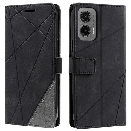 For Motorola Moto G35 5G Case Imprinted Lines PU Leather Splicing Wallet Phone Cover - Black