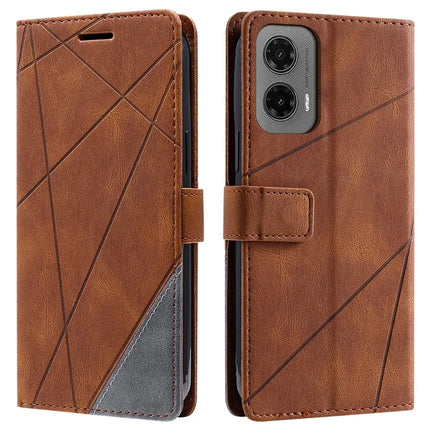 For Motorola Moto G35 5G Case Imprinted Lines PU Leather Splicing Wallet Phone Cover - Brown