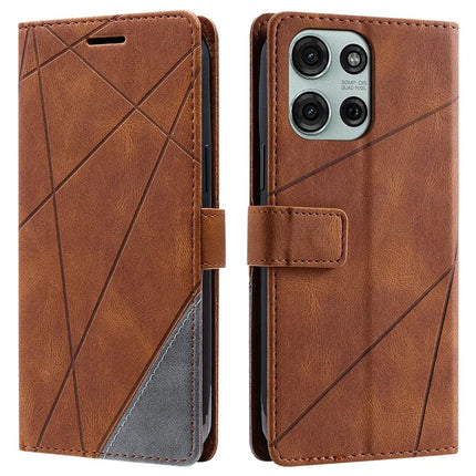 For Motorola Moto G75 5G Case Imprinted Lines PU Leather Splicing Wallet Phone Cover - Brown