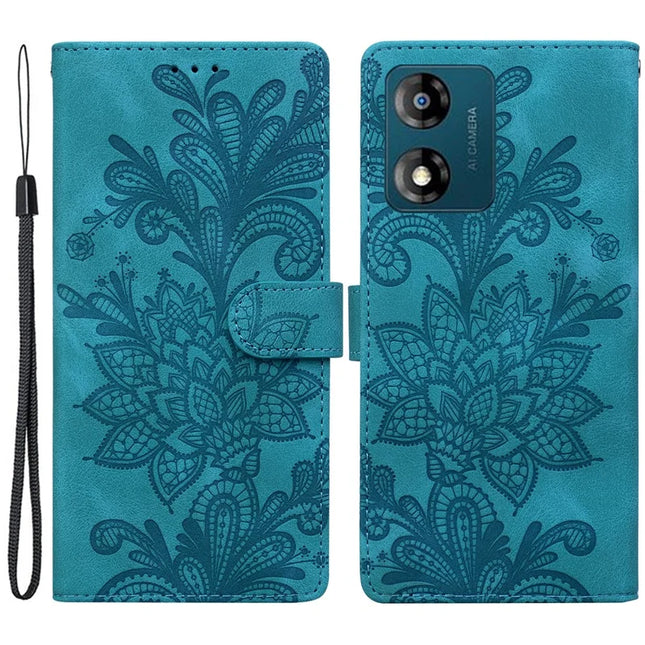 For Motorola Moto E13 4G Case Imprinted Lace Flowers PU Leather Wallet Phone Cover - Green