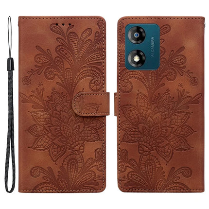 For Motorola Moto E13 4G Case Imprinted Lace Flowers PU Leather Wallet Phone Cover - Brown
