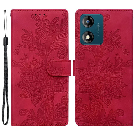 For Motorola Moto E13 4G Case Imprinted Lace Flowers PU Leather Wallet Phone Cover - Red