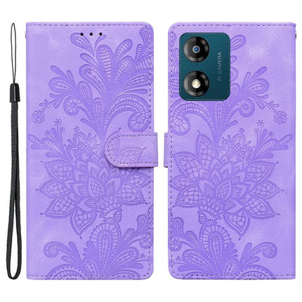 For Motorola Moto E13 4G Case Imprinted Lace Flowers PU Leather Wallet Phone Cover - Purple