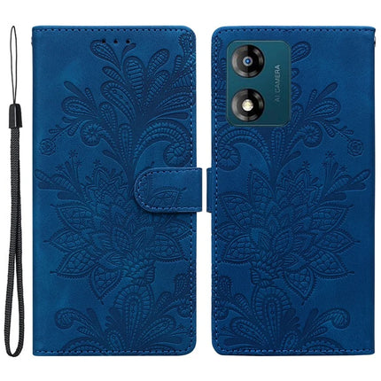 For Motorola Moto E13 4G Case Imprinted Lace Flowers PU Leather Wallet Phone Cover - Dark Blue