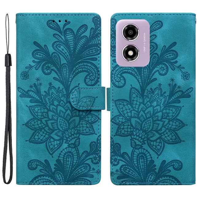 PU Leather Case For Motorola Moto E14 4G  /  G24 4G  /  G04 4G Imprinted Lace Flowers Wallet Phone Cover - Green