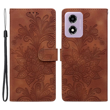 PU Leather Case For Motorola Moto E14 4G  /  G24 4G  /  G04 4G Imprinted Lace Flowers Wallet Phone Cover - Brown