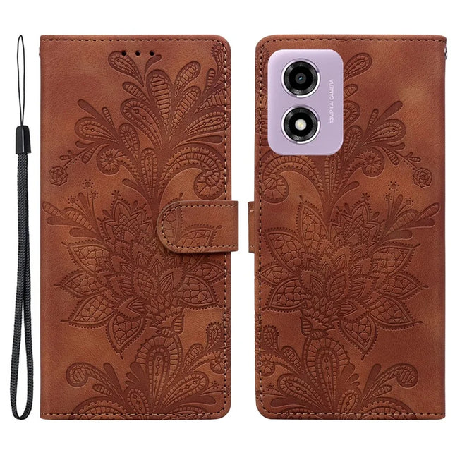 PU Leather Case For Motorola Moto E14 4G  /  G24 4G  /  G04 4G Imprinted Lace Flowers Wallet Phone Cover - Brown