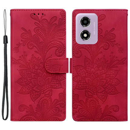 PU Leather Case For Motorola Moto E14 4G  /  G24 4G  /  G04 4G Imprinted Lace Flowers Wallet Phone Cover - Red